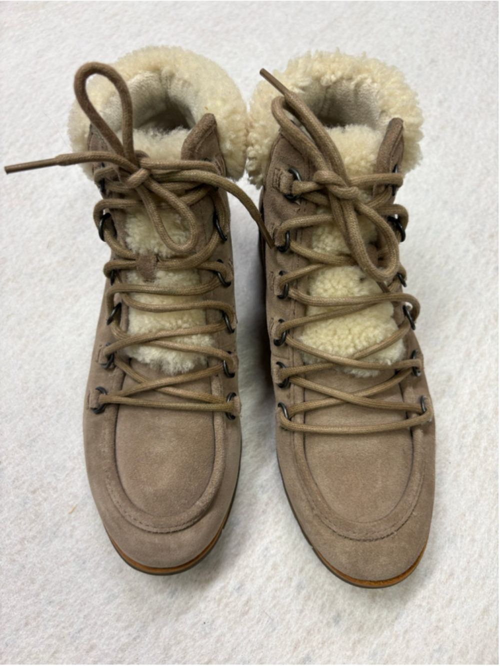 SOREL Harlow Lace Cozy Boots Women’s 8 Ash Brown Suede Shearling Waterproof